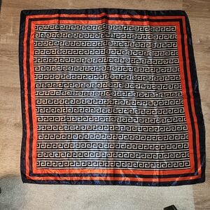 Silk-Feel Geometric Print Scarf in Navy & Orange